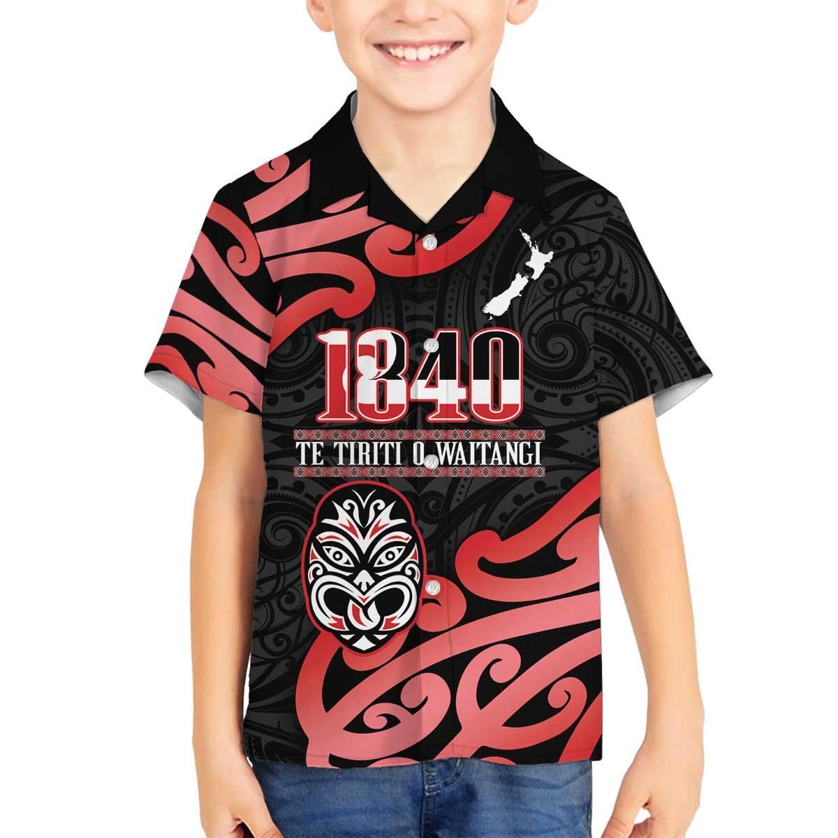 New Zealand 1840 Waitangi Day Family Matching Off The Shoulder Long Sleeve Dress and Hawaiian Shirt Aotearoa Haka Mask - Red Version LT14 Son's Shirt Red - Polynesian Pride