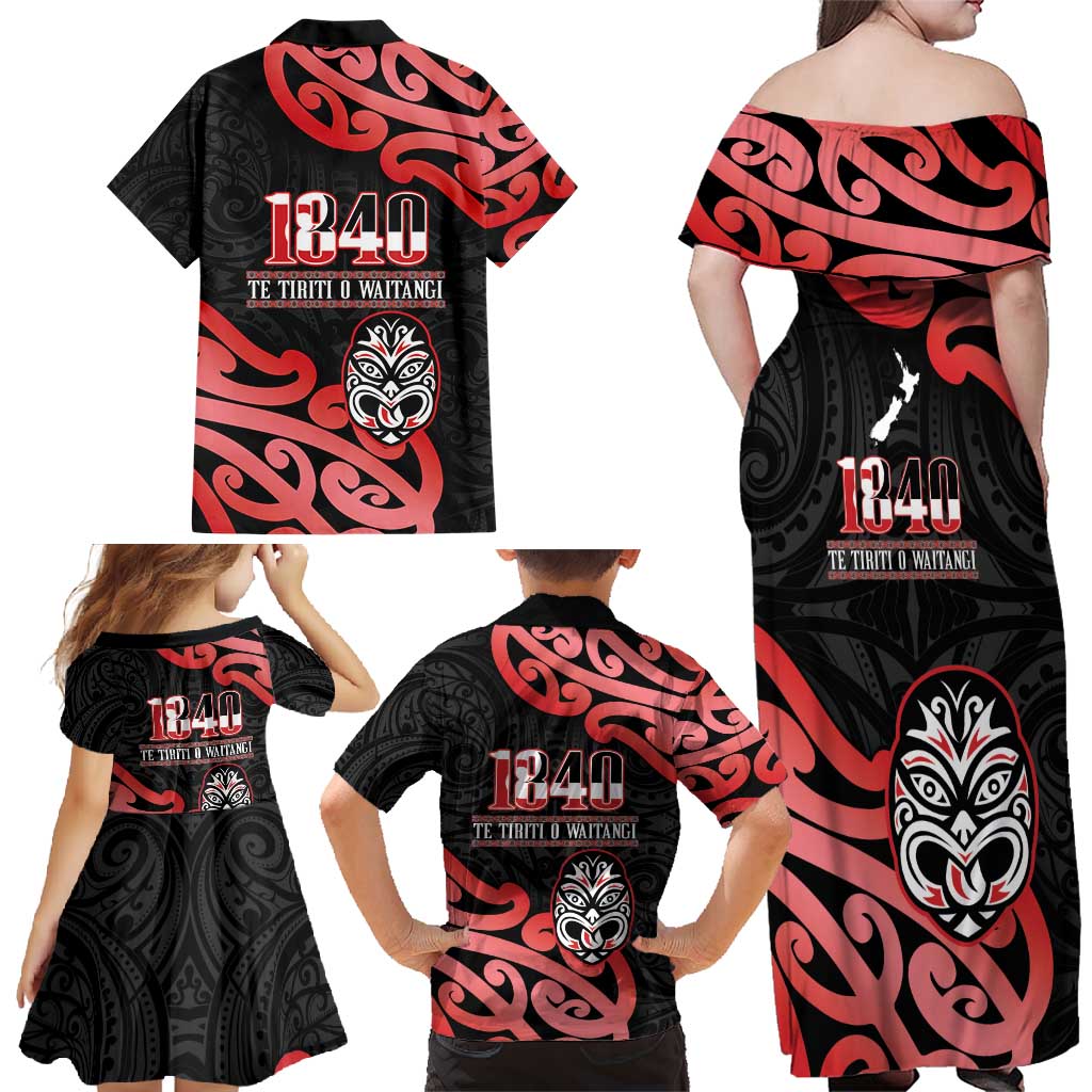 New Zealand 1840 Waitangi Day Family Matching Off Shoulder Maxi Dress and Hawaiian Shirt Aotearoa Haka Mask - Red Version LT14 - Polynesian Pride