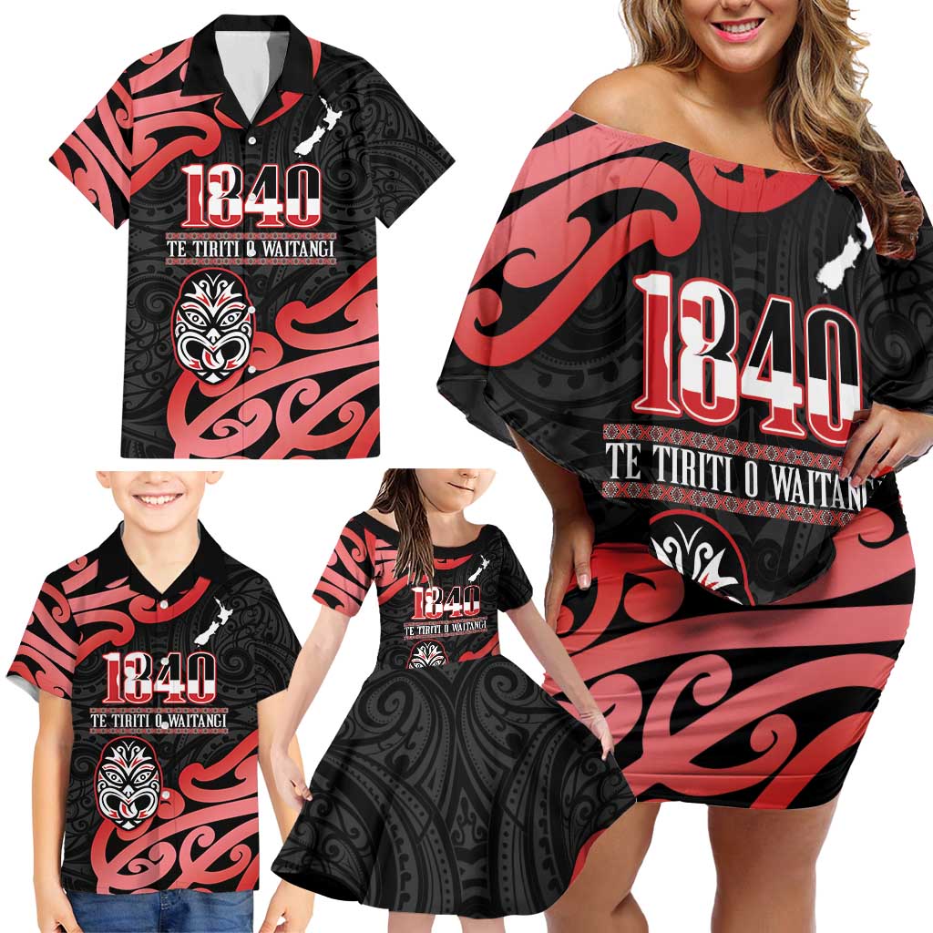 New Zealand 1840 Waitangi Day Family Matching Off Shoulder Short Dress and Hawaiian Shirt Aotearoa Haka Mask - Red Version LT14 - Polynesian Pride