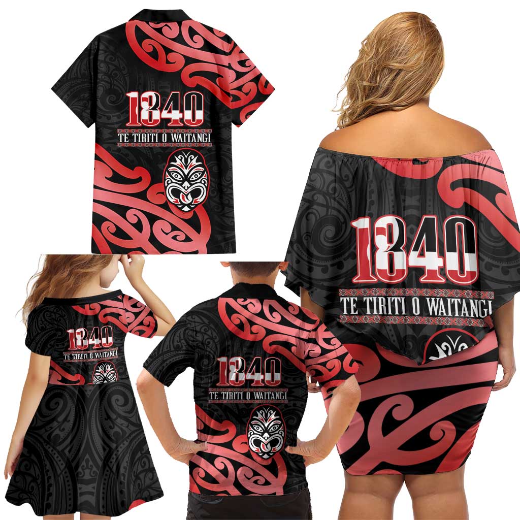 New Zealand 1840 Waitangi Day Family Matching Off Shoulder Short Dress and Hawaiian Shirt Aotearoa Haka Mask - Red Version LT14 - Polynesian Pride