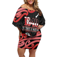 New Zealand 1840 Waitangi Day Family Matching Off Shoulder Short Dress and Hawaiian Shirt Aotearoa Haka Mask - Red Version LT14 Mom's Dress Red - Polynesian Pride