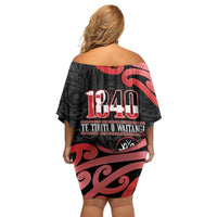 New Zealand 1840 Waitangi Day Family Matching Off Shoulder Short Dress and Hawaiian Shirt Aotearoa Haka Mask - Red Version LT14 - Polynesian Pride