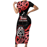 New Zealand 1840 Waitangi Day Family Matching Short Sleeve Bodycon Dress and Hawaiian Shirt Aotearoa Haka Mask - Red Version LT14 Mom's Dress Red - Polynesian Pride