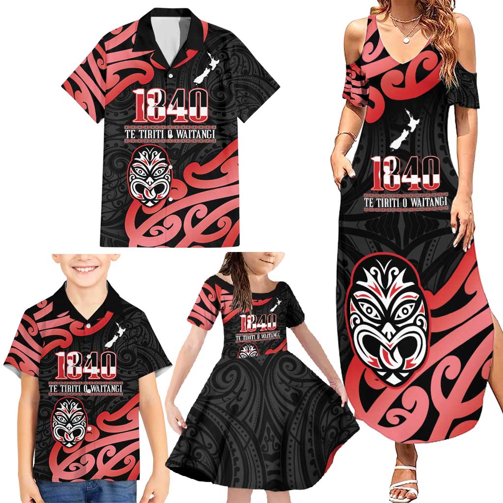 New Zealand 1840 Waitangi Day Family Matching Summer Maxi Dress and Hawaiian Shirt Aotearoa Haka Mask - Red Version LT14 - Polynesian Pride