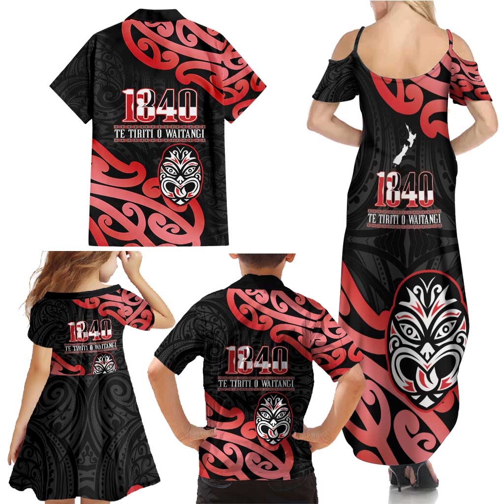 New Zealand 1840 Waitangi Day Family Matching Summer Maxi Dress and Hawaiian Shirt Aotearoa Haka Mask - Red Version LT14 - Polynesian Pride