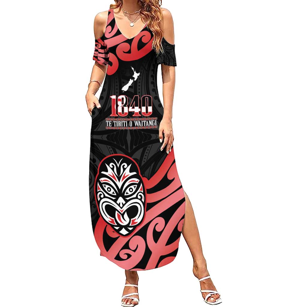 New Zealand 1840 Waitangi Day Family Matching Summer Maxi Dress and Hawaiian Shirt Aotearoa Haka Mask - Red Version LT14 Mom's Dress Red - Polynesian Pride