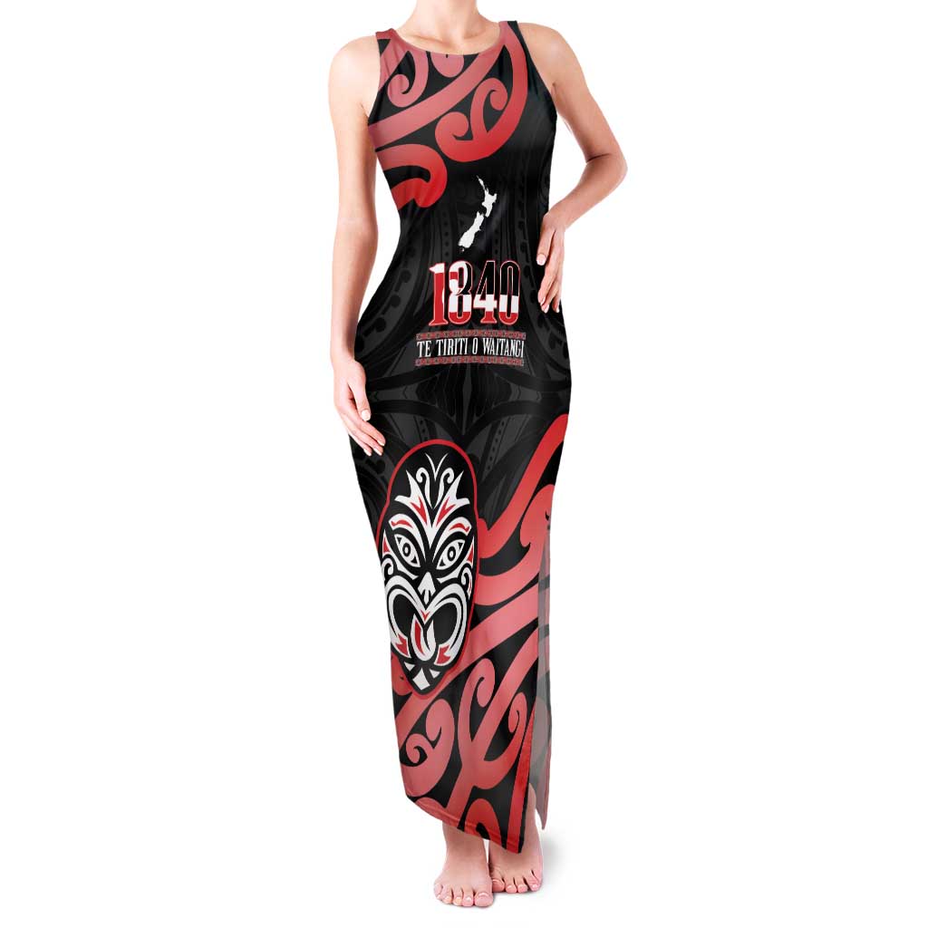 New Zealand 1840 Waitangi Day Family Matching Tank Maxi Dress and Hawaiian Shirt Aotearoa Haka Mask - Red Version LT14 Mom's Dress Red - Polynesian Pride