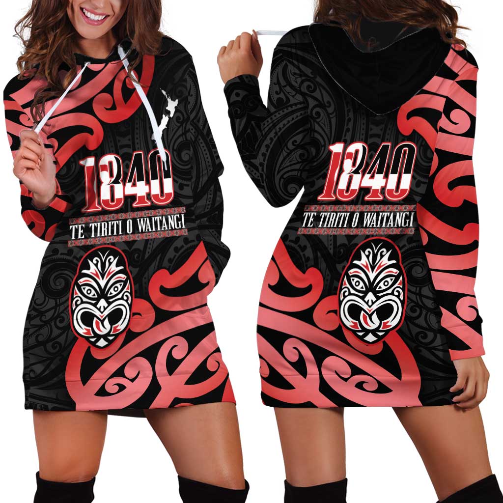 New Zealand 1840 Waitangi Day Hoodie Dress Aotearoa Haka Mask - Red Version LT14 - Polynesian Pride