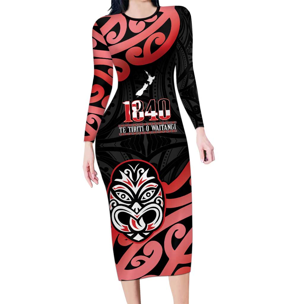 New Zealand 1840 Waitangi Day Long Sleeve Bodycon Dress Aotearoa Haka Mask - Red Version LT14 Long Dress Red - Polynesian Pride