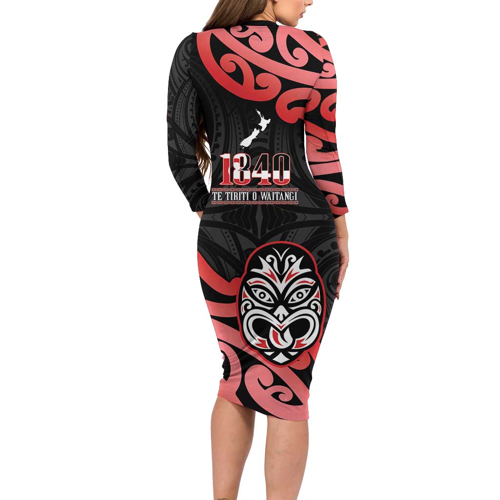 New Zealand 1840 Waitangi Day Long Sleeve Bodycon Dress Aotearoa Haka Mask - Red Version LT14 - Polynesian Pride
