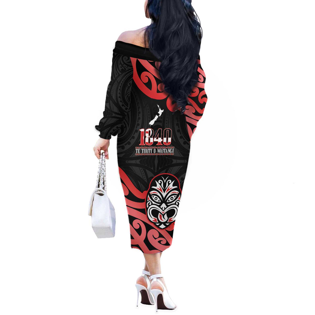 New Zealand 1840 Waitangi Day Off The Shoulder Long Sleeve Dress Aotearoa Haka Mask - Red Version LT14 - Polynesian Pride