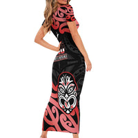 New Zealand 1840 Waitangi Day Short Sleeve Bodycon Dress Aotearoa Haka Mask - Red Version LT14 - Polynesian Pride