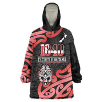 New Zealand 1840 Waitangi Day Wearable Blanket Hoodie Aotearoa Haka Mask - Red Version LT14 One Size Red - Polynesian Pride