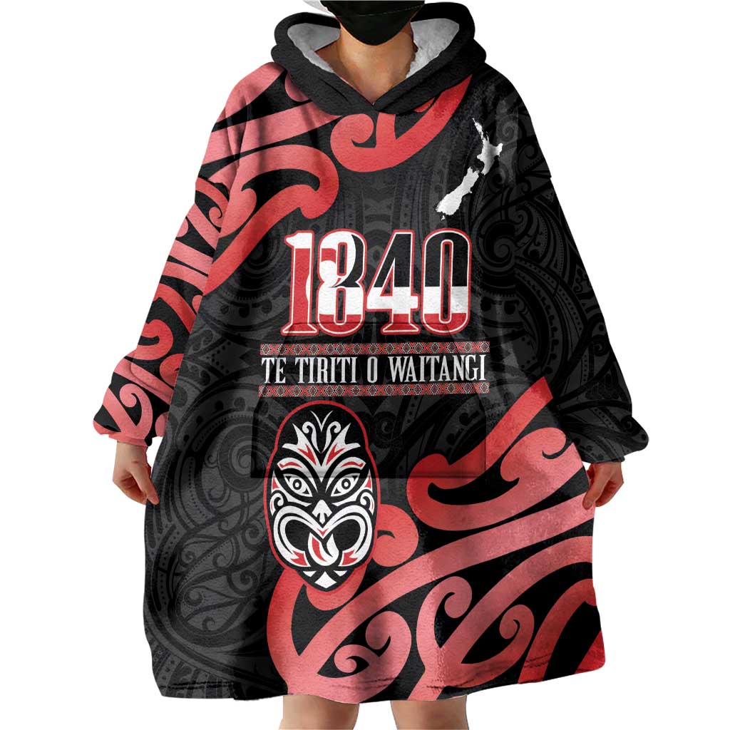 New Zealand 1840 Waitangi Day Wearable Blanket Hoodie Aotearoa Haka Mask - Red Version LT14 - Polynesian Pride