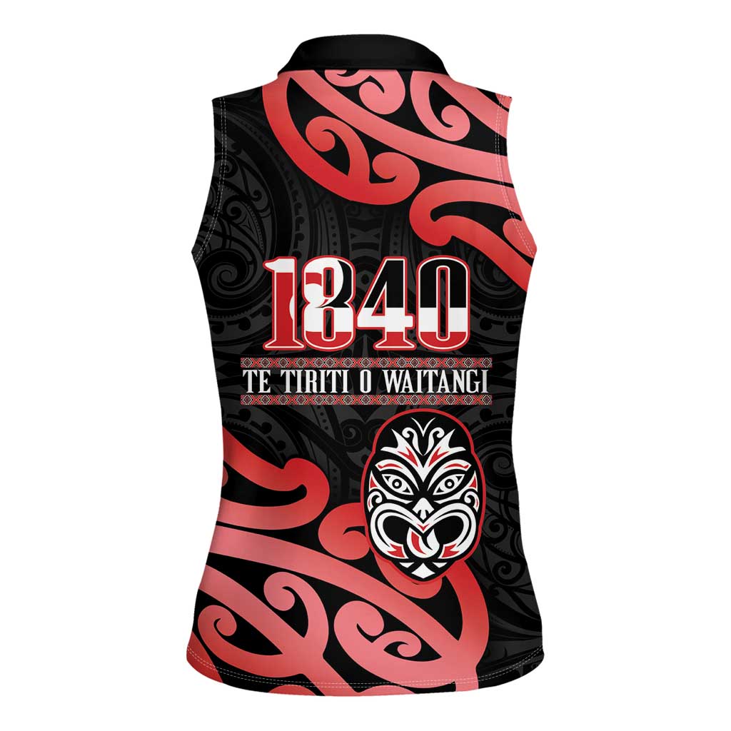 New Zealand 1840 Waitangi Day Women Sleeveless Polo Shirt Aotearoa Haka Mask - Red Version LT14 - Polynesian Pride