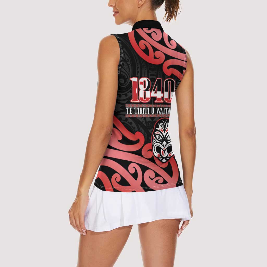 New Zealand 1840 Waitangi Day Women Sleeveless Polo Shirt Aotearoa Haka Mask - Red Version LT14 - Polynesian Pride