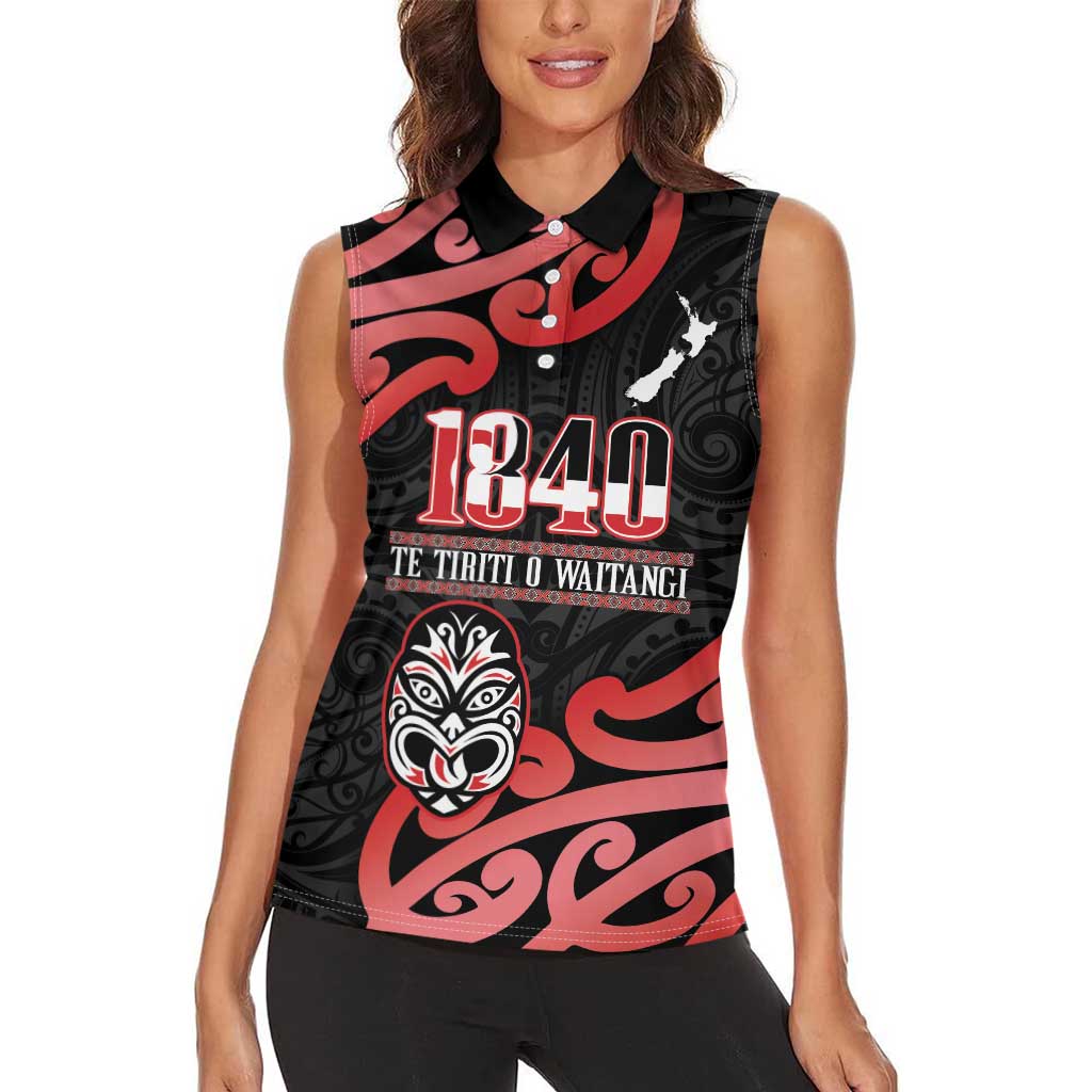New Zealand 1840 Waitangi Day Women Sleeveless Polo Shirt Aotearoa Haka Mask - Red Version LT14 - Polynesian Pride