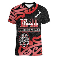 New Zealand 1840 Waitangi Day Women V-Neck T-Shirt Aotearoa Haka Mask - Red Version LT14 Female Red - Polynesian Pride