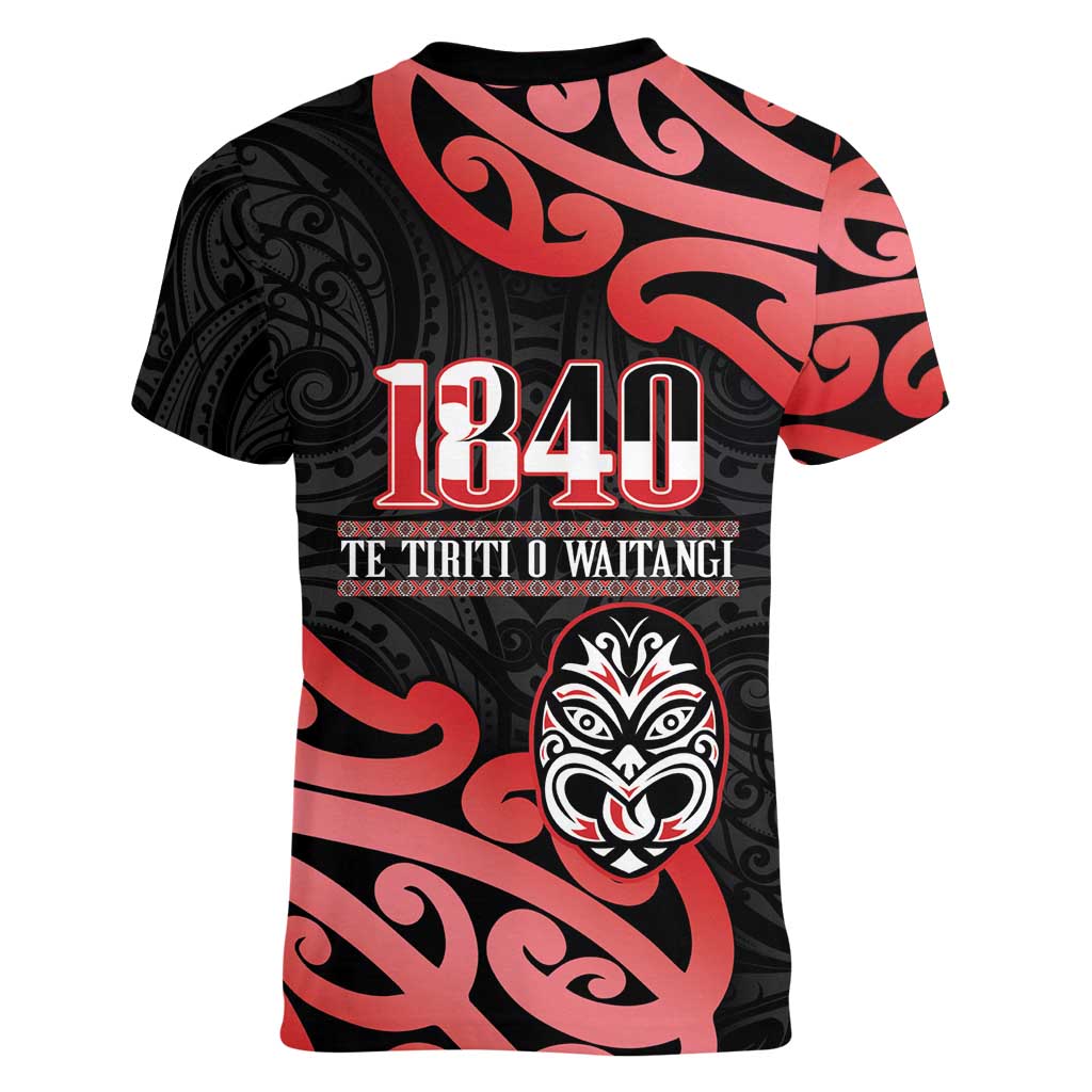 New Zealand 1840 Waitangi Day Women V-Neck T-Shirt Aotearoa Haka Mask - Red Version LT14 - Polynesian Pride
