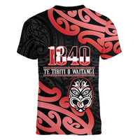 New Zealand 1840 Waitangi Day Women V-Neck T-Shirt Aotearoa Haka Mask - Red Version LT14 - Polynesian Pride