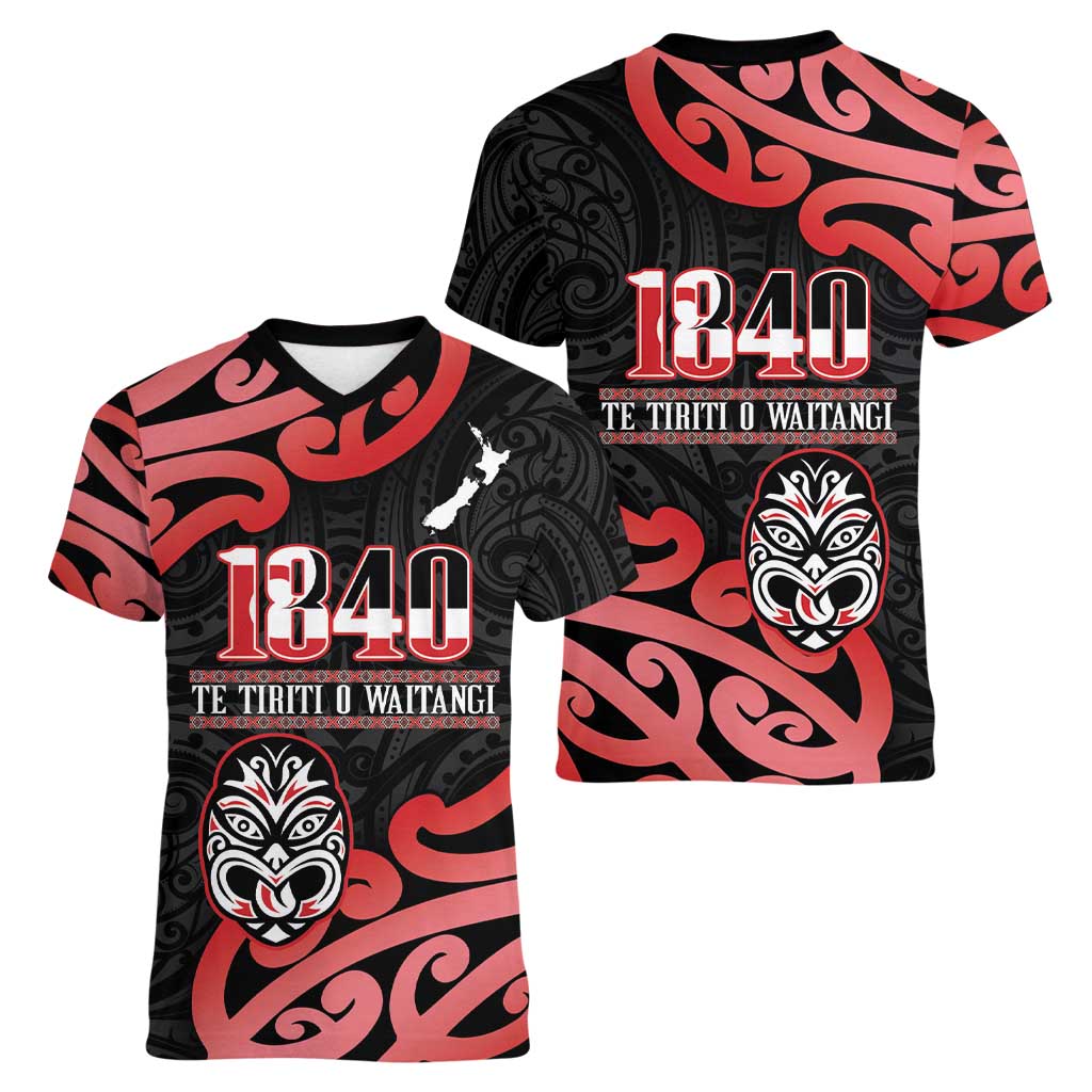 New Zealand 1840 Waitangi Day Women V-Neck T-Shirt Aotearoa Haka Mask - Red Version LT14 - Polynesian Pride