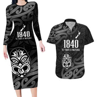 New Zealand 1840 Waitangi Day Couples Matching Long Sleeve Bodycon Dress and Hawaiian Shirt Aotearoa Haka Mask - Black Version LT14 Black - Polynesian Pride