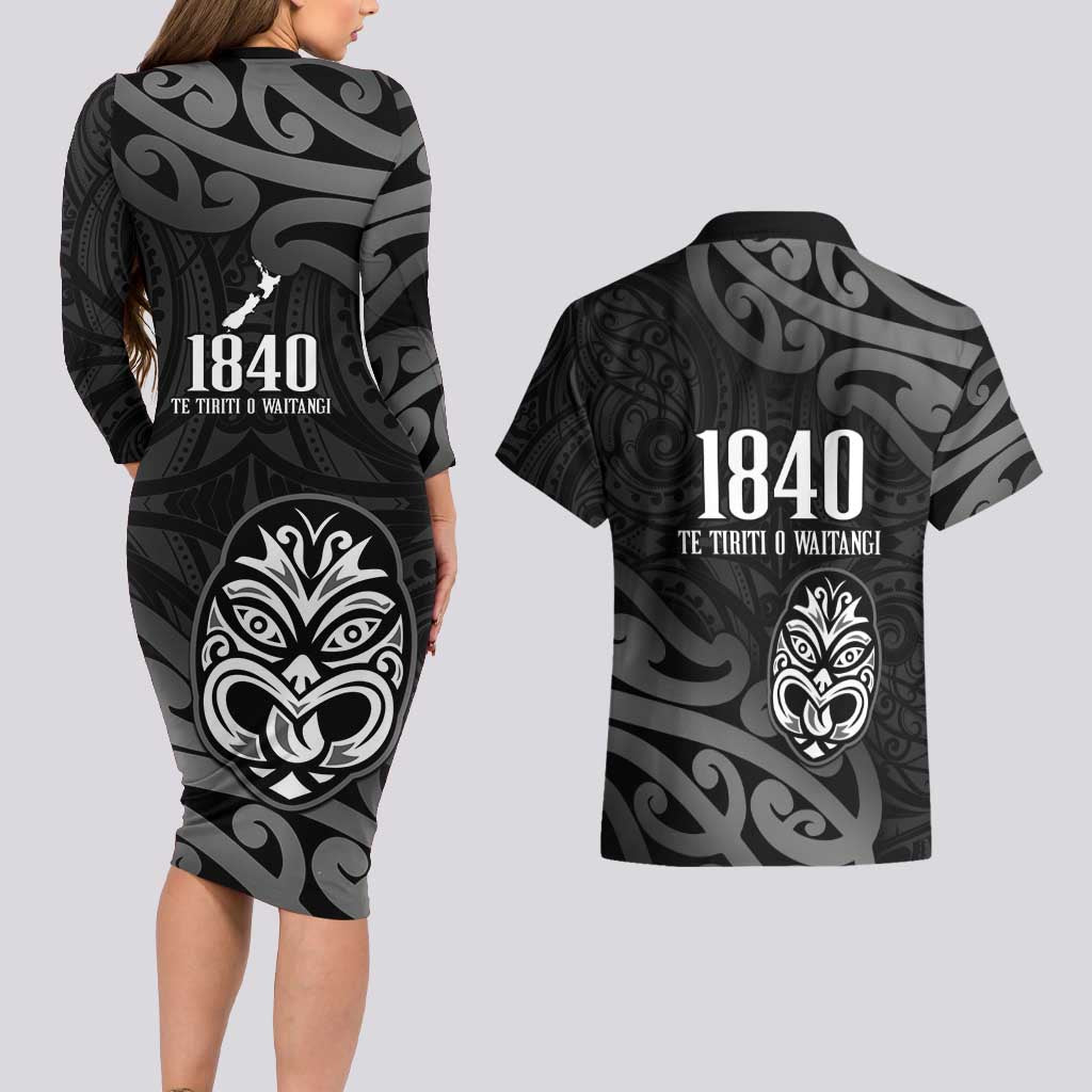 New Zealand 1840 Waitangi Day Couples Matching Long Sleeve Bodycon Dress and Hawaiian Shirt Aotearoa Haka Mask - Black Version LT14 - Polynesian Pride