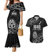 New Zealand 1840 Waitangi Day Couples Matching Mermaid Dress and Hawaiian Shirt Aotearoa Haka Mask - Black Version LT14 Black - Polynesian Pride