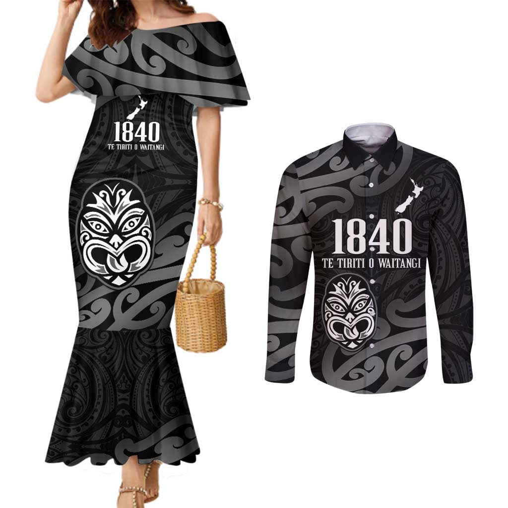New Zealand 1840 Waitangi Day Couples Matching Mermaid Dress and Long Sleeve Button Shirt Aotearoa Haka Mask - Black Version LT14 Black - Polynesian Pride