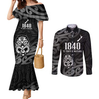 New Zealand 1840 Waitangi Day Couples Matching Mermaid Dress and Long Sleeve Button Shirt Aotearoa Haka Mask - Black Version LT14 Black - Polynesian Pride