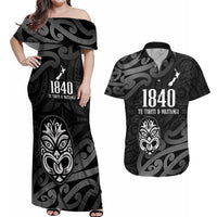 New Zealand 1840 Waitangi Day Couples Matching Off Shoulder Maxi Dress and Hawaiian Shirt Aotearoa Haka Mask - Black Version LT14 Black - Polynesian Pride