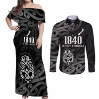 New Zealand 1840 Waitangi Day Couples Matching Off Shoulder Maxi Dress and Long Sleeve Button Shirt Aotearoa Haka Mask - Black Version LT14 Black - Polynesian Pride
