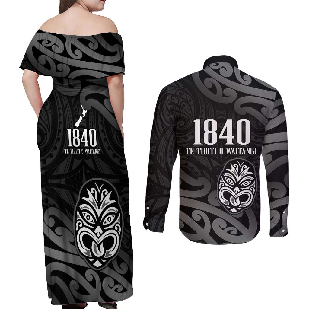 New Zealand 1840 Waitangi Day Couples Matching Off Shoulder Maxi Dress and Long Sleeve Button Shirt Aotearoa Haka Mask - Black Version LT14 - Polynesian Pride