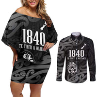 New Zealand 1840 Waitangi Day Couples Matching Off Shoulder Short Dress and Long Sleeve Button Shirt Aotearoa Haka Mask - Black Version LT14 Black - Polynesian Pride