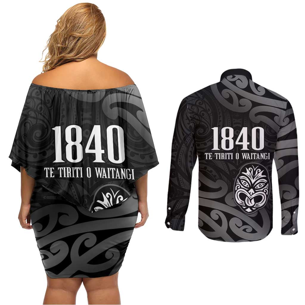 New Zealand 1840 Waitangi Day Couples Matching Off Shoulder Short Dress and Long Sleeve Button Shirt Aotearoa Haka Mask - Black Version LT14 - Polynesian Pride