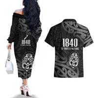 New Zealand 1840 Waitangi Day Couples Matching Off The Shoulder Long Sleeve Dress and Hawaiian Shirt Aotearoa Haka Mask - Black Version LT14 - Polynesian Pride