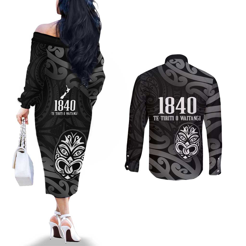New Zealand 1840 Waitangi Day Couples Matching Off The Shoulder Long Sleeve Dress and Long Sleeve Button Shirt Aotearoa Haka Mask - Black Version LT14 - Polynesian Pride