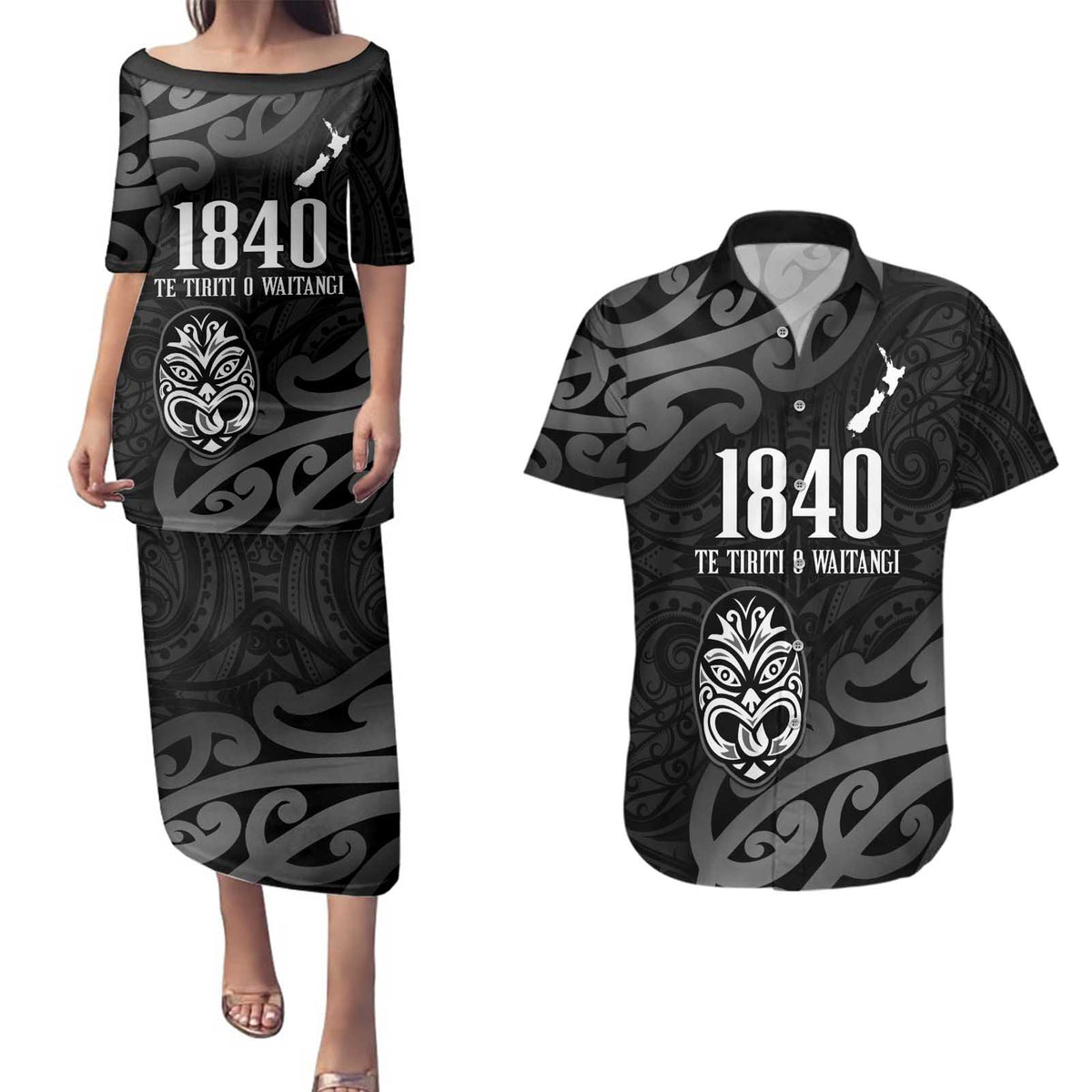 New Zealand 1840 Waitangi Day Couples Matching Puletasi and Hawaiian Shirt Aotearoa Haka Mask - Black Version LT14 Black - Polynesian Pride