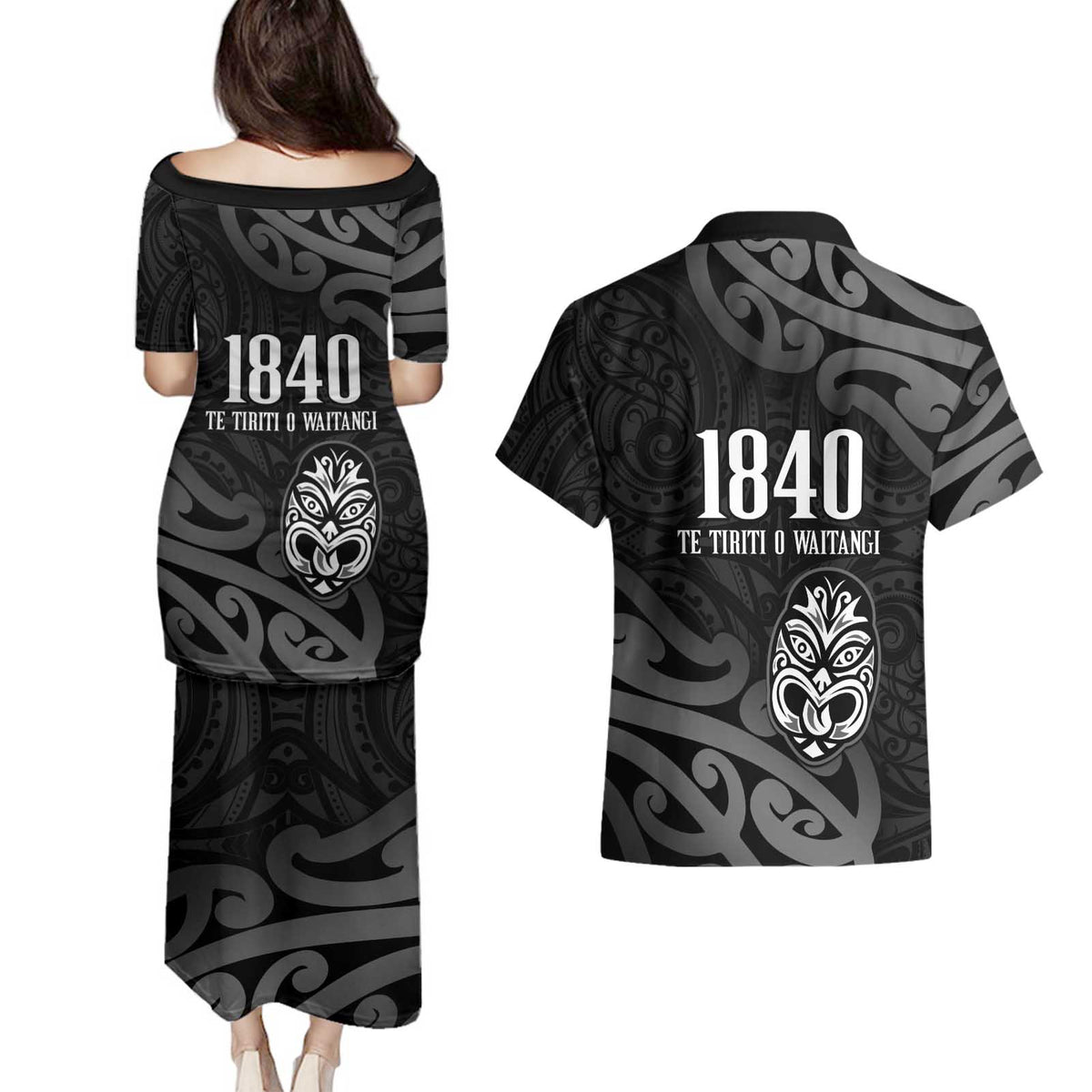 New Zealand 1840 Waitangi Day Couples Matching Puletasi and Hawaiian Shirt Aotearoa Haka Mask - Black Version LT14 - Polynesian Pride