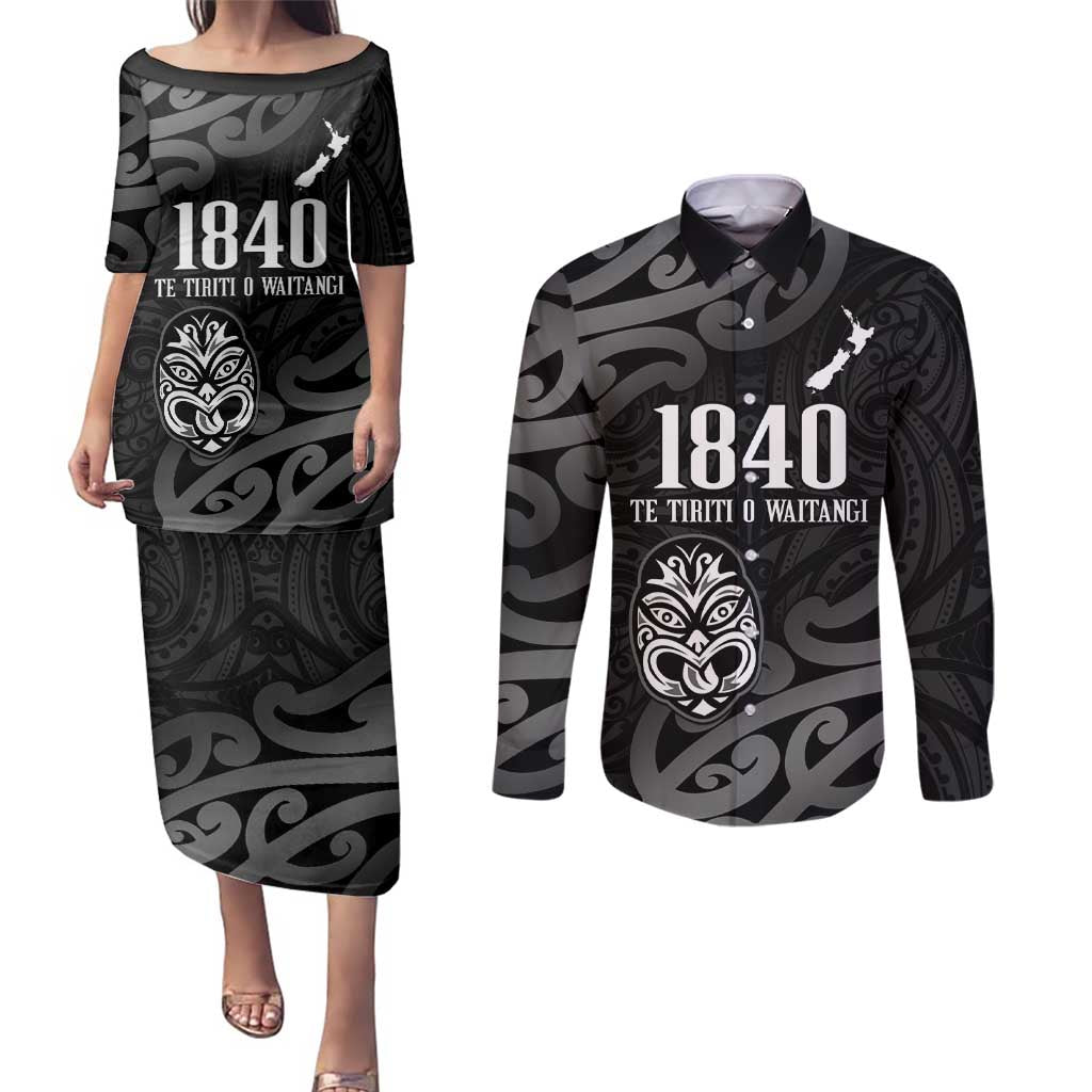 New Zealand 1840 Waitangi Day Couples Matching Puletasi and Long Sleeve Button Shirt Aotearoa Haka Mask - Black Version LT14 Black - Polynesian Pride