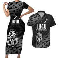 New Zealand 1840 Waitangi Day Couples Matching Short Sleeve Bodycon Dress and Hawaiian Shirt Aotearoa Haka Mask - Black Version LT14 Black - Polynesian Pride