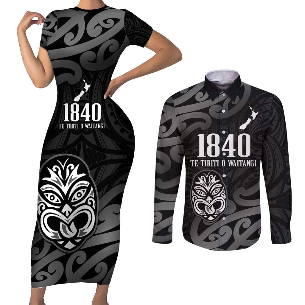 New Zealand 1840 Waitangi Day Couples Matching Short Sleeve Bodycon Dress and Long Sleeve Button Shirt Aotearoa Haka Mask - Black Version LT14 Black - Polynesian Pride