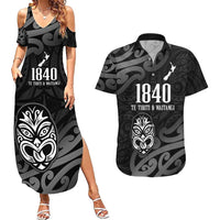 New Zealand 1840 Waitangi Day Couples Matching Summer Maxi Dress and Hawaiian Shirt Aotearoa Haka Mask - Black Version LT14 Black - Polynesian Pride