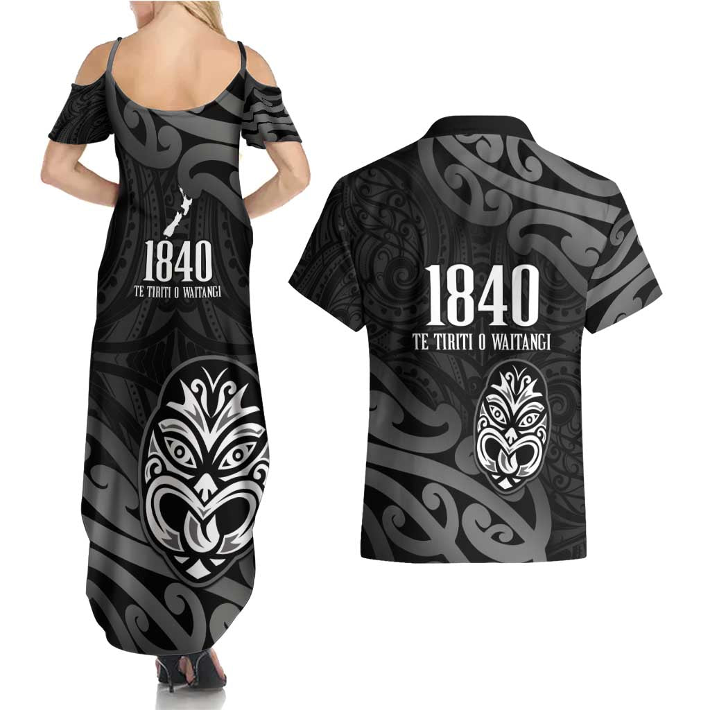 New Zealand 1840 Waitangi Day Couples Matching Summer Maxi Dress and Hawaiian Shirt Aotearoa Haka Mask - Black Version LT14 - Polynesian Pride