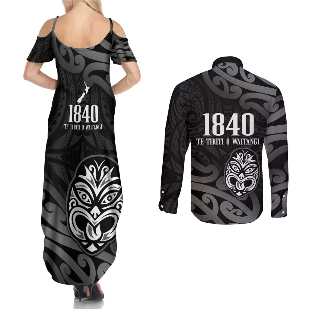 New Zealand 1840 Waitangi Day Couples Matching Summer Maxi Dress and Long Sleeve Button Shirt Aotearoa Haka Mask - Black Version LT14 - Polynesian Pride