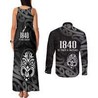New Zealand 1840 Waitangi Day Couples Matching Tank Maxi Dress and Long Sleeve Button Shirt Aotearoa Haka Mask - Black Version LT14 - Polynesian Pride