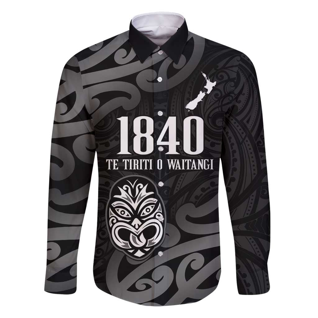 New Zealand 1840 Waitangi Day Family Matching Long Sleeve Bodycon Dress and Hawaiian Shirt Aotearoa Haka Mask - Black Version LT14 Dad's Shirt - Long Sleeve Black - Polynesian Pride