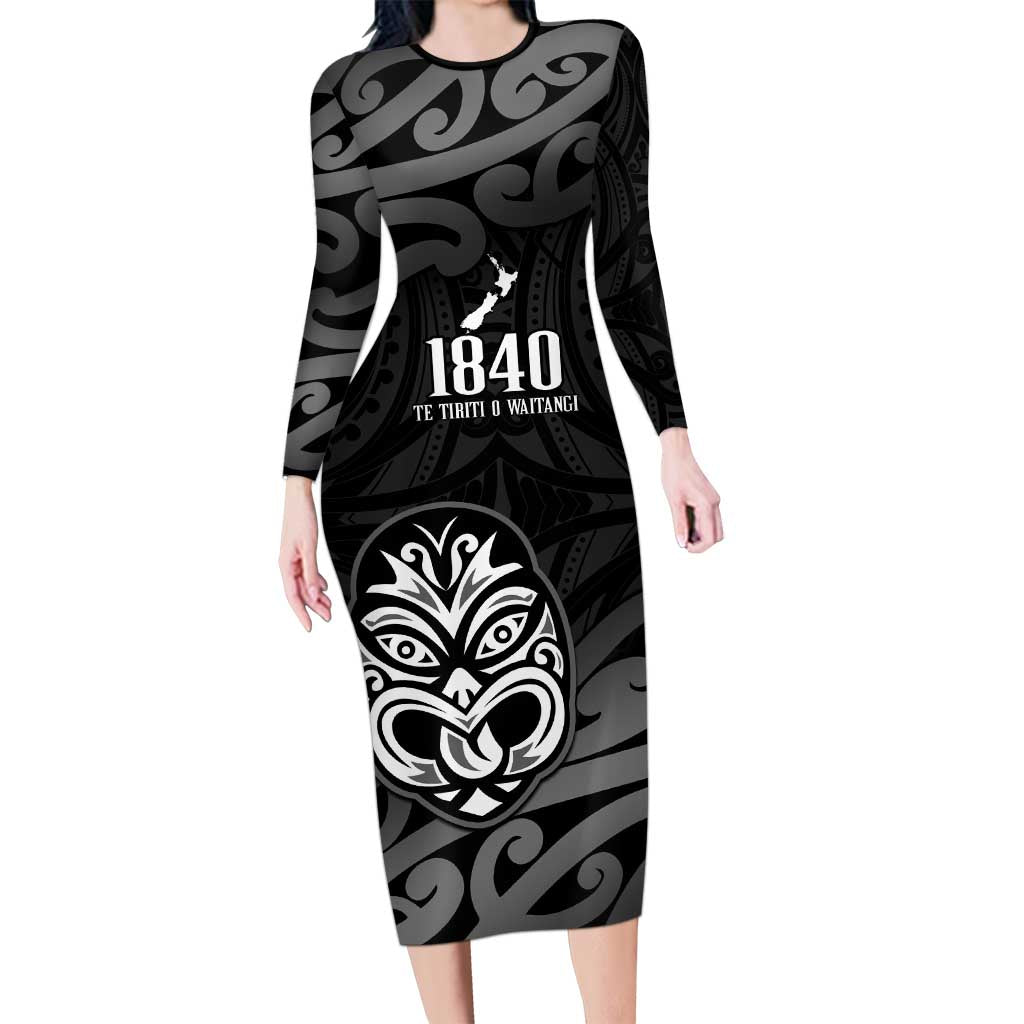 New Zealand 1840 Waitangi Day Family Matching Long Sleeve Bodycon Dress and Hawaiian Shirt Aotearoa Haka Mask - Black Version LT14 Mom's Dress Black - Polynesian Pride