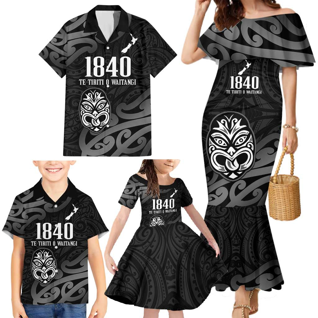 New Zealand 1840 Waitangi Day Family Matching Mermaid Dress and Hawaiian Shirt Aotearoa Haka Mask - Black Version LT14 - Polynesian Pride