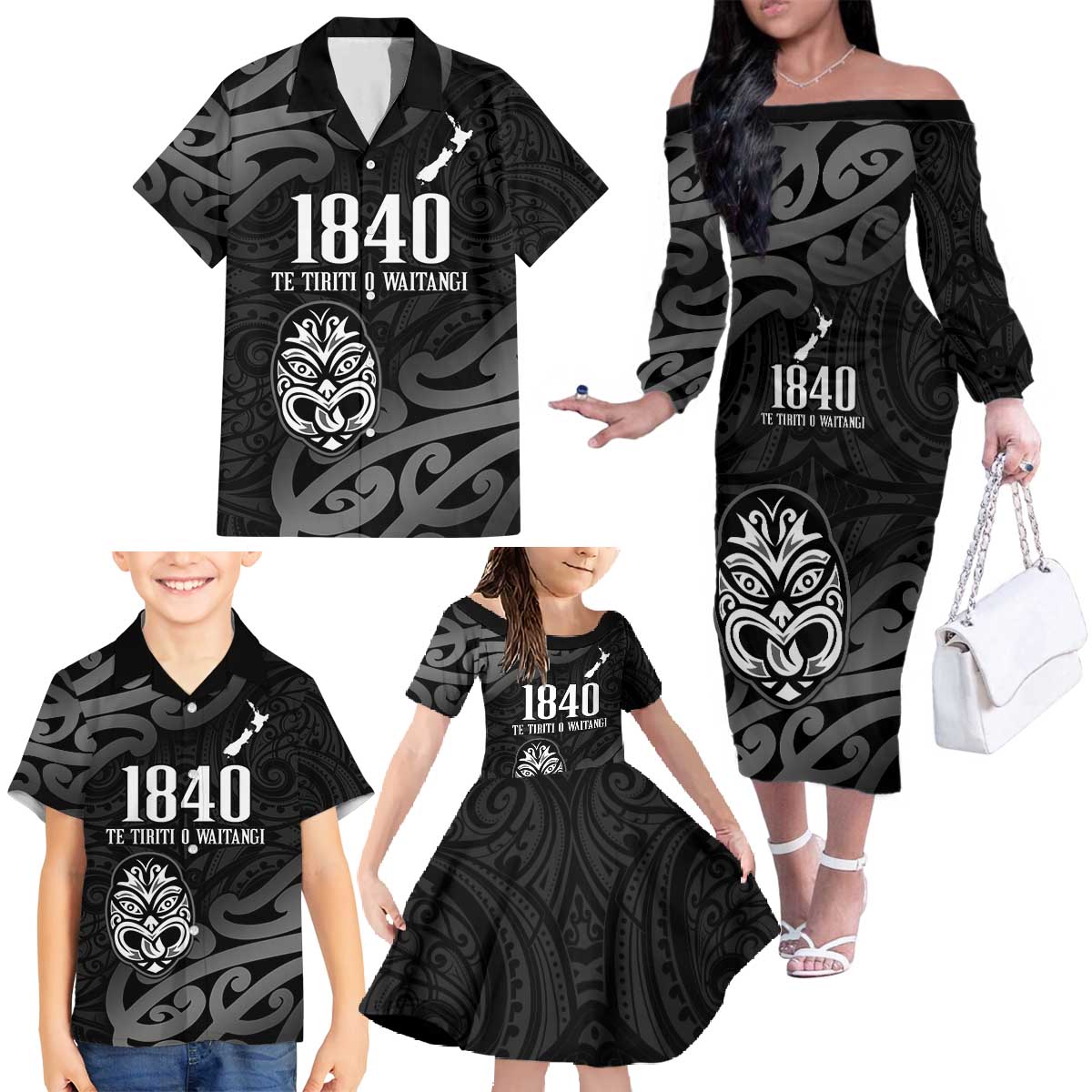 New Zealand 1840 Waitangi Day Family Matching Off The Shoulder Long Sleeve Dress and Hawaiian Shirt Aotearoa Haka Mask - Black Version LT14 - Polynesian Pride